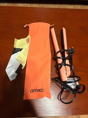 amika Coral Pink Mini Flat Iron with Matching Drawstring Pouch